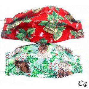 2 CHRISTMAS MASKS HOLLY BELLS PINE CONES 100% COTTON REVERSIBLE HANDMADE PLEATED